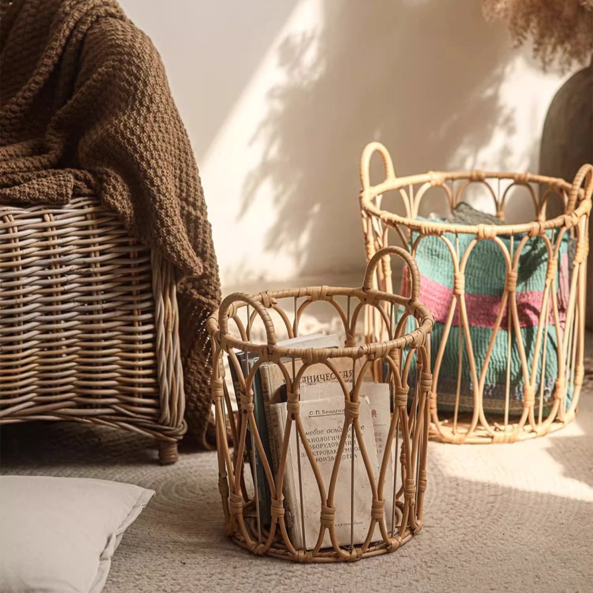 Bohemian Open-Weave Rattan Basket - -