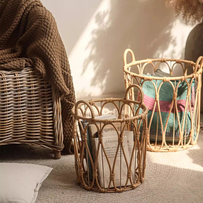 Bohemian Open-Weave Rattan Basket - -