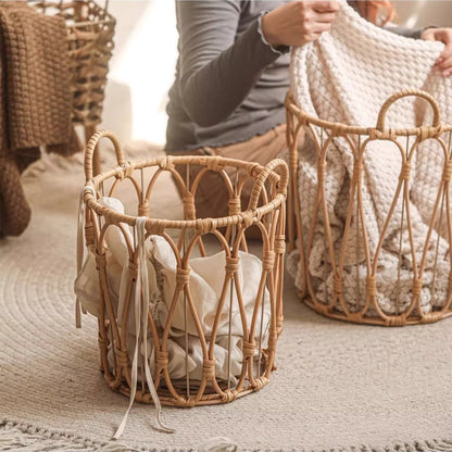 Bohemian Open-Weave Rattan Basket - -
