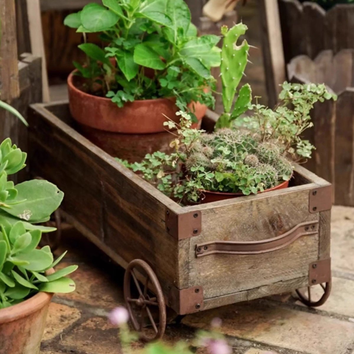 Wooden Wagon Planter Garden Flower Box - -