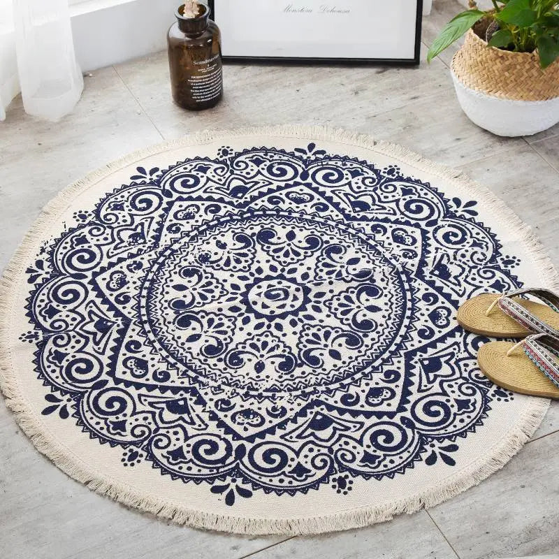Chic Round Cotton Boho Mandala Area Rug with Tassels Kia Day Design