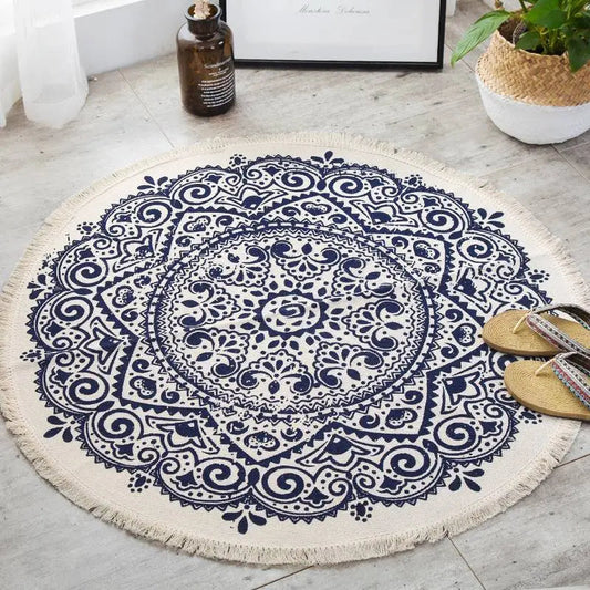 Chic Round Cotton Boho Mandala Area Rug with Tassels Kia Day Design