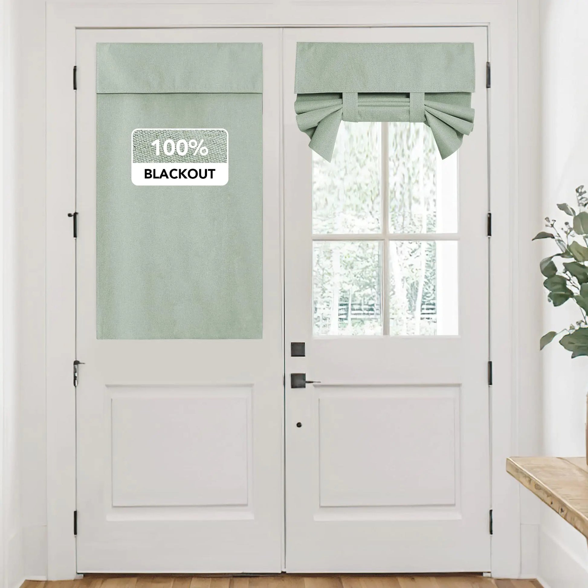 Light Green 100% Blackout Short French Door Linen Curtain Lightweight Tie up Shade - Kia Day Design