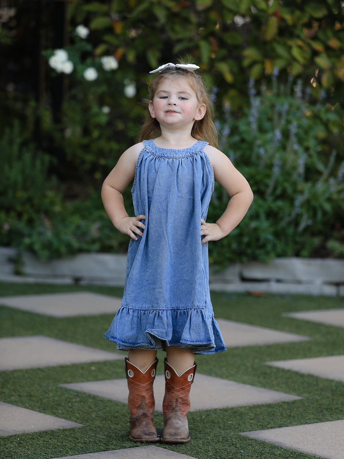 Girls Denim Ruffle Trim A-Line Dress - - Dress