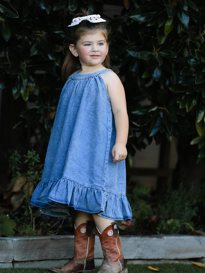 Girls Denim Ruffle Trim A-Line Dress - - Dress