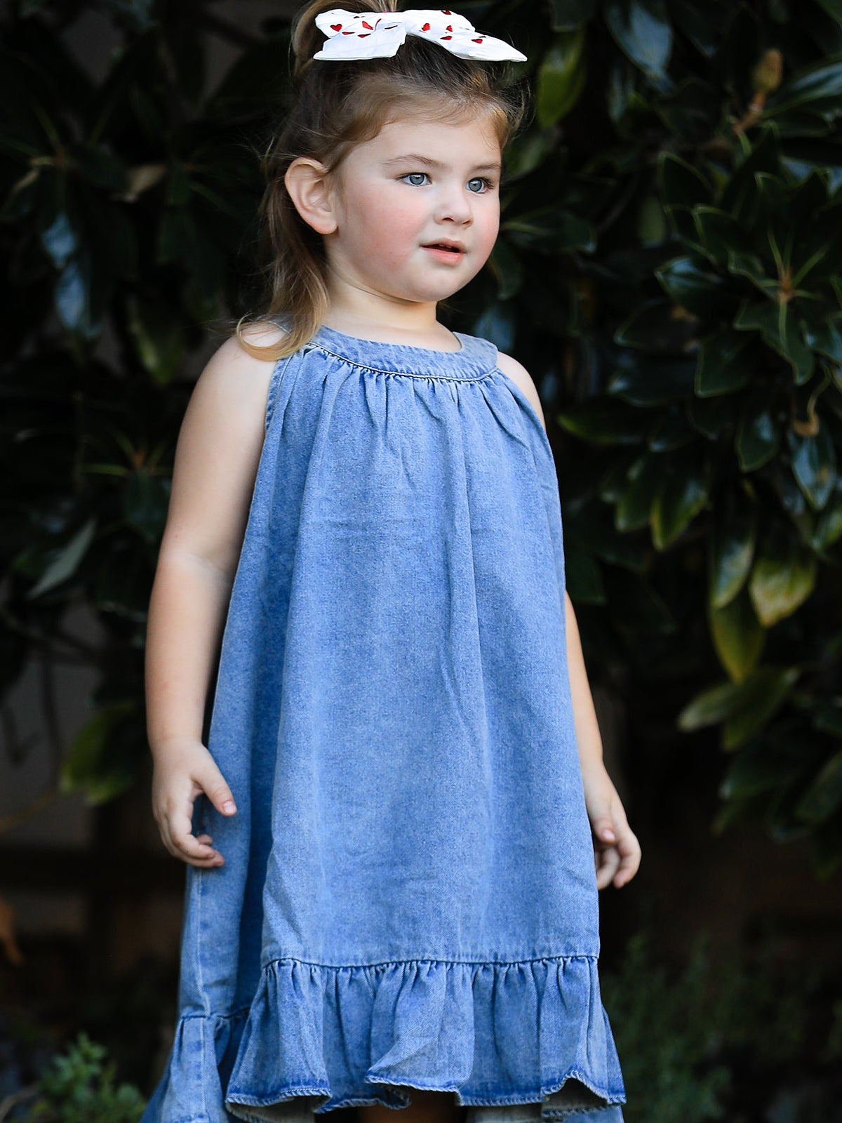Girls Denim Ruffle Trim A-Line Dress - - Dress