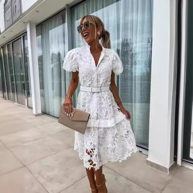 2024 Spring/Summer Short Sleeve Lace Button Dress - Kia Day Design