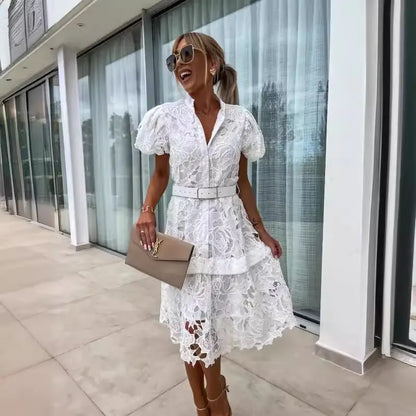 2024 Spring/Summer Short Sleeve Lace Button Dress - Kia Day Design