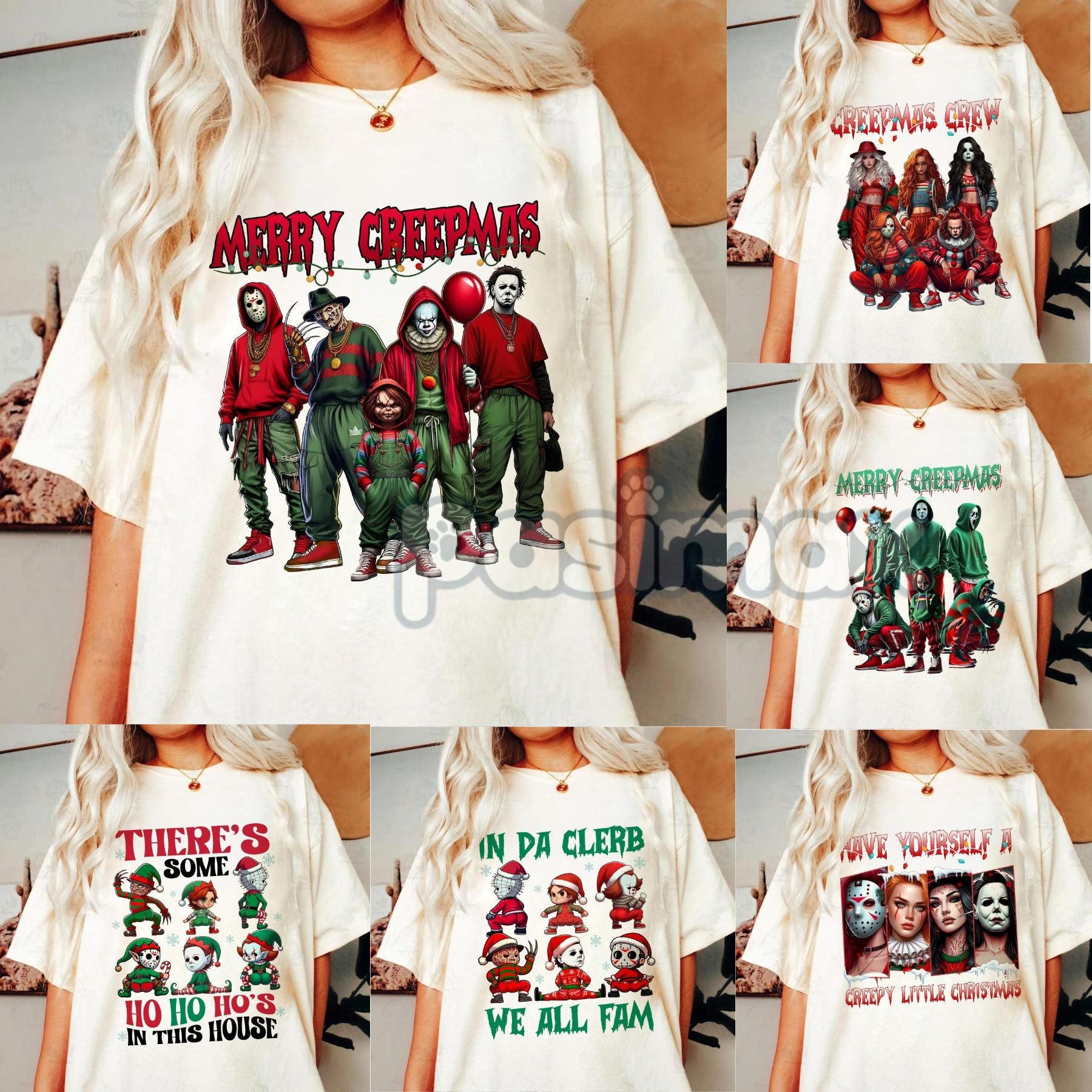Merry Creepmas T-Shirt - Christmas Halloween Movies Characters Tee, Chibi Movie Characters Shirt - - T-Shirt