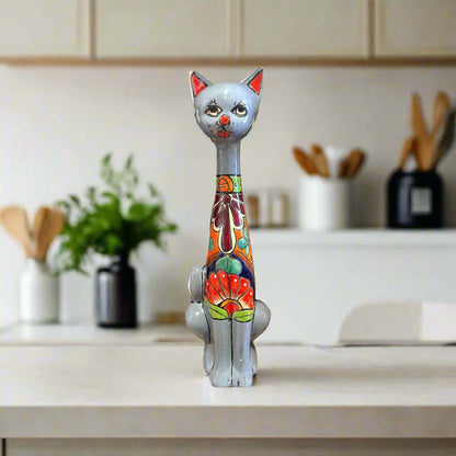 Mexican Handmade Talavera Cat Statue Cultural Artwork - - Talavera Statue