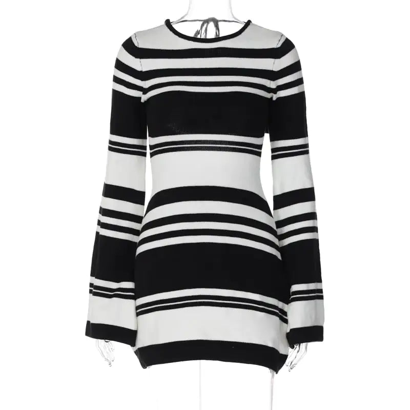 Striped Knitted Backless Sweater with Flare Sleeves - Kia Day Design