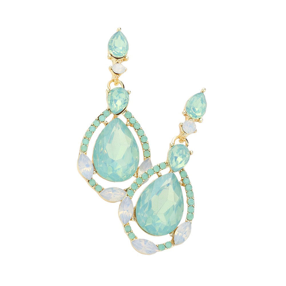 Crystal Rhinestone Teardrop Evening Earrings - Mint Opal - Earrings