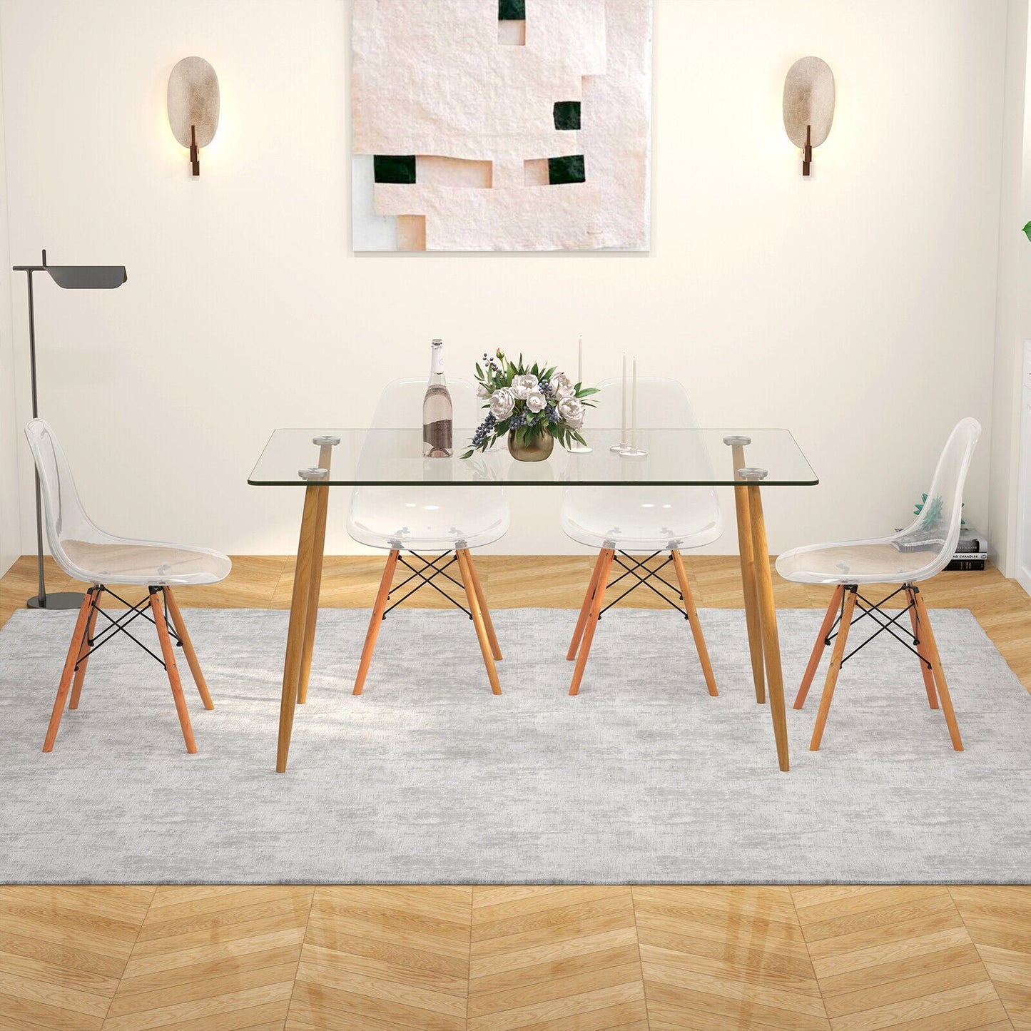 5 Pieces Rectangle Dining Table Set with 51 Inch Glass Tabletop - -