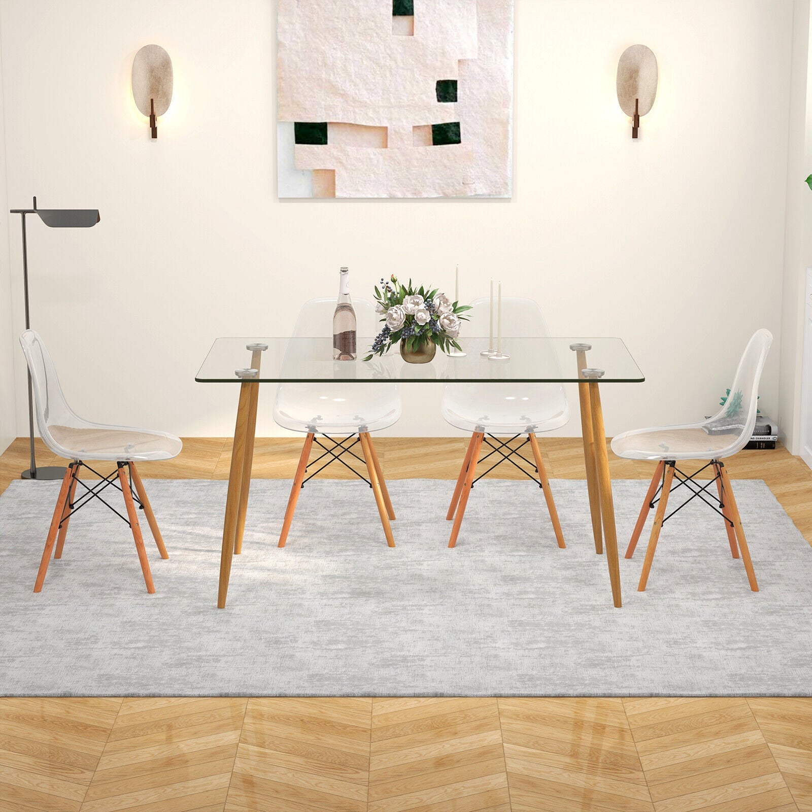 5 Pieces Rectangle Dining Table Set with 51 Inch Glass Tabletop - -