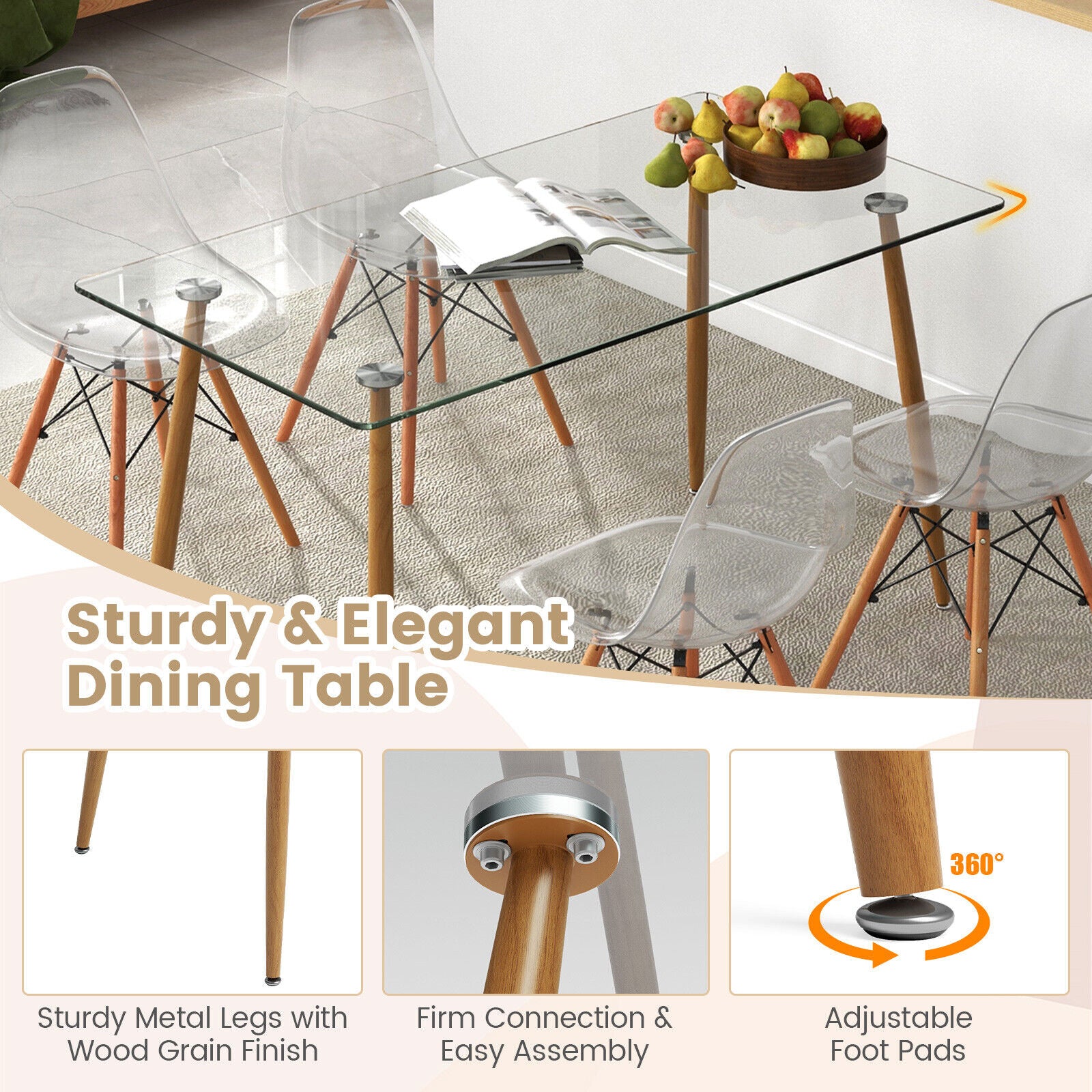 5 Pieces Rectangle Dining Table Set with 51 Inch Glass Tabletop - -