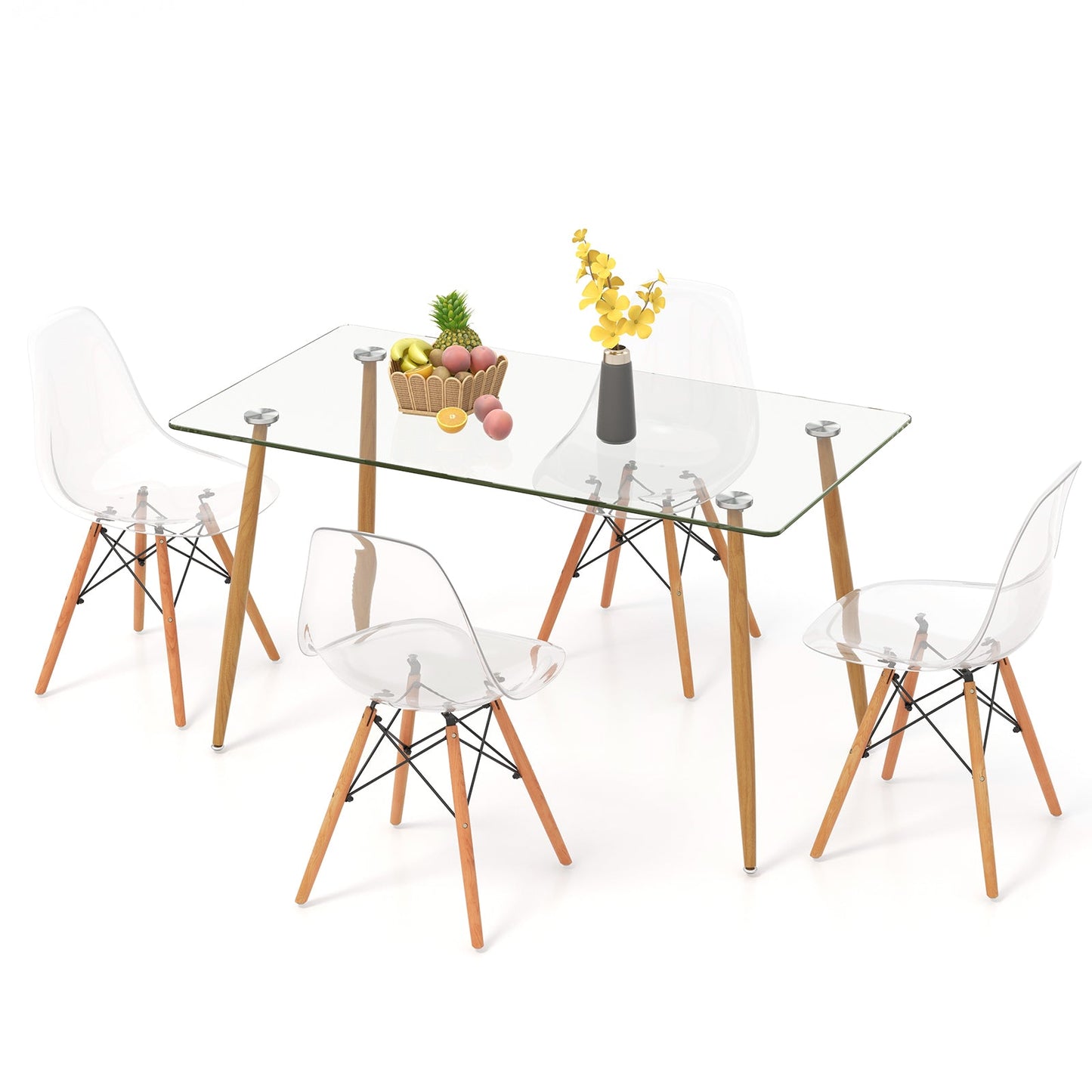 5 Pieces Rectangle Dining Table Set with 51 Inch Glass Tabletop - Transparent -
