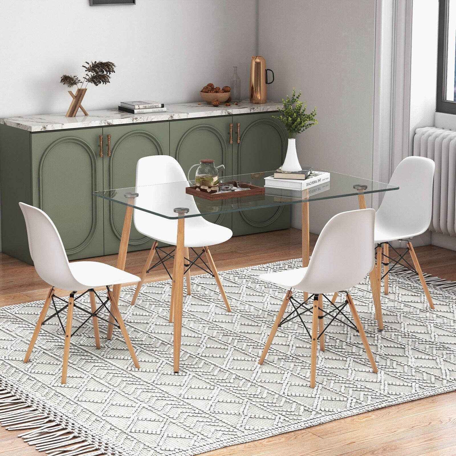 5 Pieces Rectangle Dining Table Set with 51 Inch Glass Tabletop - White -