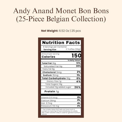 Andy Anand Monet Chocolate Bonbons Gift Box, 25 pc, 6.52 oz – Gluten-Free Belgian Truffles & Pralines, Birthday & Holiday Gift Collection - - Food & Beverages > Desserts & Sweets > Chocolate
