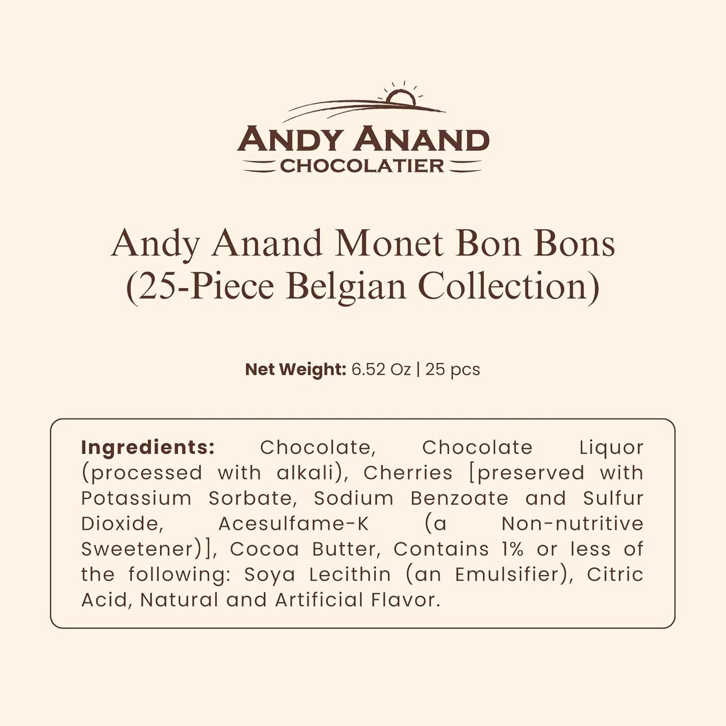 Andy Anand Monet Chocolate Bonbons Gift Box, 25 pc, 6.52 oz – Gluten-Free Belgian Truffles & Pralines, Birthday & Holiday Gift Collection - - Food & Beverages > Desserts & Sweets > Chocolate