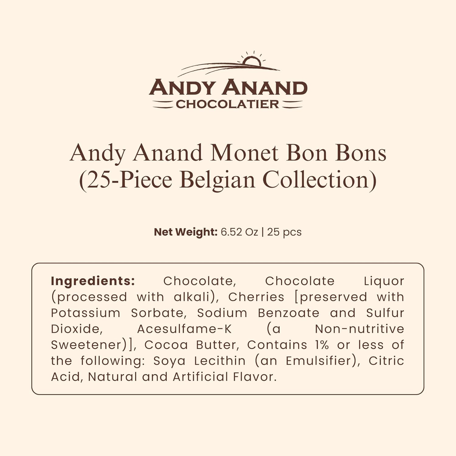 Andy Anand Monet Chocolate Bonbons Gift Box, 25 pc, 6.52 oz – Gluten-Free Belgian Truffles & Pralines, Birthday & Holiday Gift Collection - - Food & Beverages > Desserts & Sweets > Chocolate