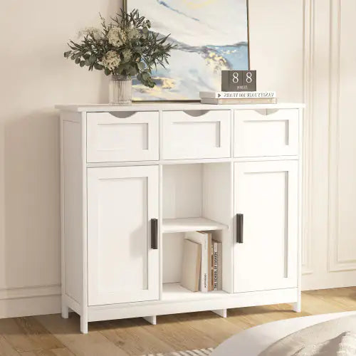 White Wooden Floor Cabinet with Drawers and Shelves - - cabinet