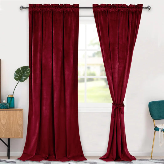 Red Velvet 108 inch-Room Darkening Thermal Insulated Rod Pocket Curtains 2 Panels with Tiebacks - Kia Day Design