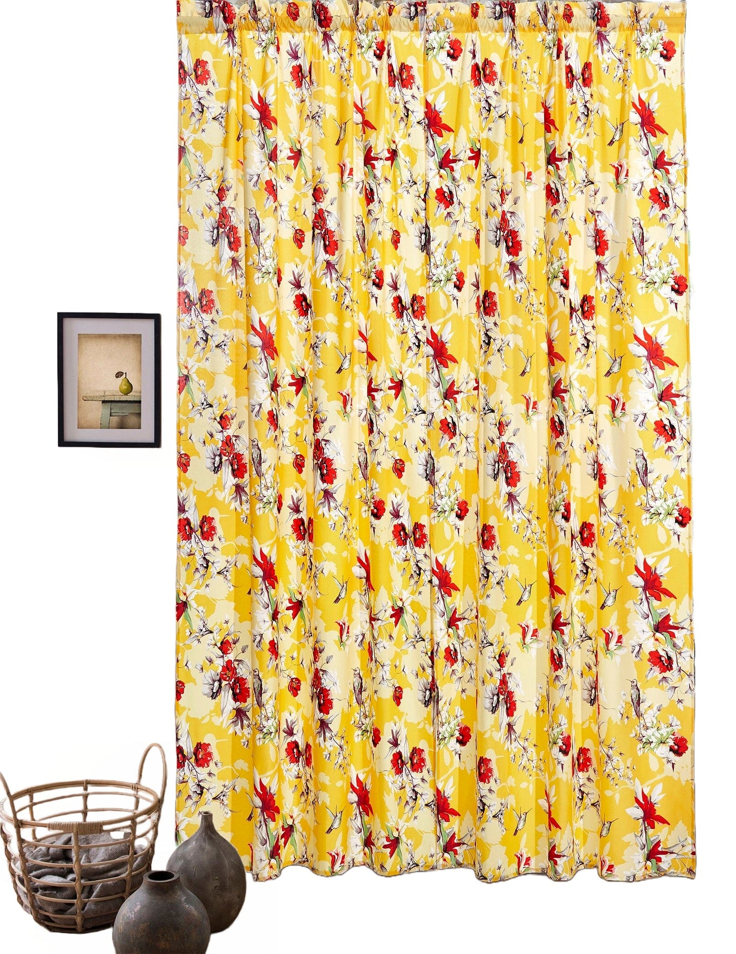 DaDa Bedding Set of 2 Radiant Sunshine Yellow Floral Window Curtain Panels - Natural Semi Sheer Hummingbirds Farmhouse Red Flowers Straight Tailored Edge - - Curtains