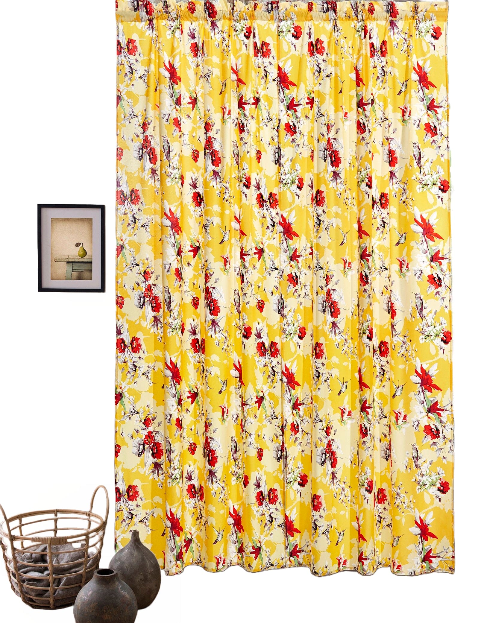 DaDa Bedding Set of 2 Radiant Sunshine Yellow Floral Window Curtain Panels - Natural Semi Sheer Hummingbirds Farmhouse Red Flowers Straight Tailored Edge - - Curtains