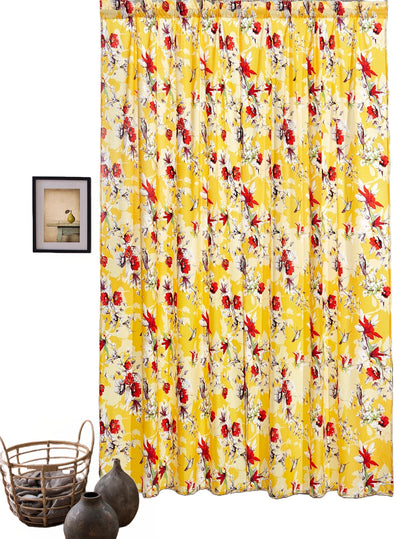 DaDa Bedding Set of 2 Radiant Sunshine Yellow Floral Window Curtain Panels - Natural Semi Sheer Hummingbirds Farmhouse Red Flowers Straight Tailored Edge - - Curtains