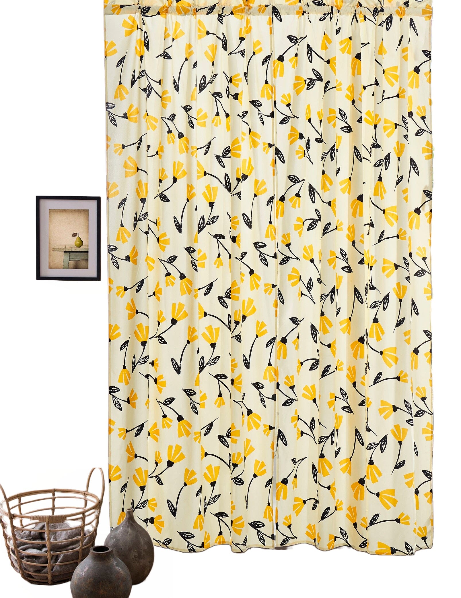 DaDa Bedding Set of 2 Botanical Floral Window Curtain Panels - Natural Semi Sheer Yellow Fleur Golden Orange Spring Time Tulips Straight Tailored Edge - - Curtains