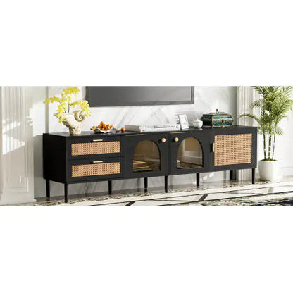 Rattan TV Stand With 3 Cabinets & 2 Drawers, Rattan-inspired Media Console Table For TVs Up To 80'', LED Light Entertainment Center, TV Cabinet For Living Room, Bedroom, Home Theatre Kia Day Design