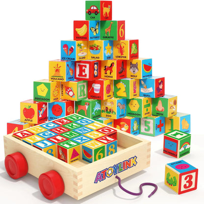 Atoylink ABC Wooden Building Blocks for Toddlers 1-3 30 Pcs Alphabet & Number Stacking Toys with Storage Pull Toy Car Learning & Education Montessori Toys for 1 2 3 Year Old Baby Boy Girl Gifts Kia Day Design
