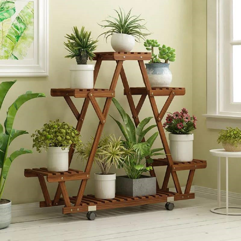 Indoor Outdoor Solid Wood Triangular Multi-Tier Plant Stand with Locking Wheels - - Accents > Plant Stands
