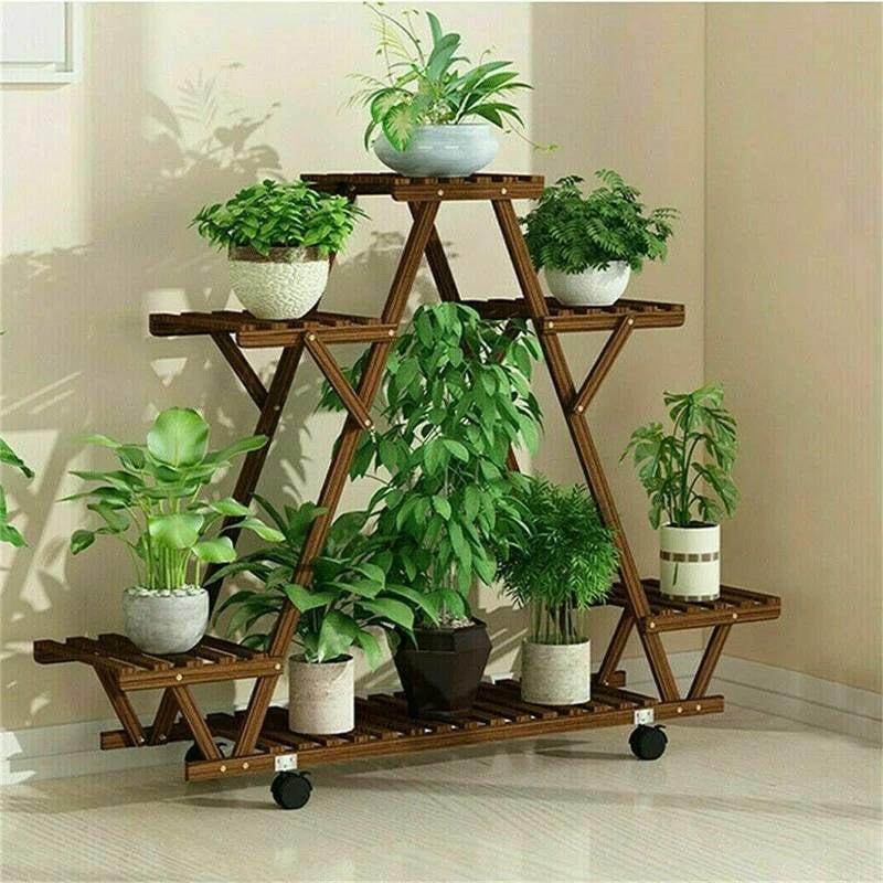 Indoor Outdoor Solid Wood Triangular Multi-Tier Plant Stand with Locking Wheels - - Accents > Plant Stands