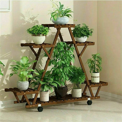 Indoor Outdoor Solid Wood Triangular Multi-Tier Plant Stand with Locking Wheels - - Accents > Plant Stands
