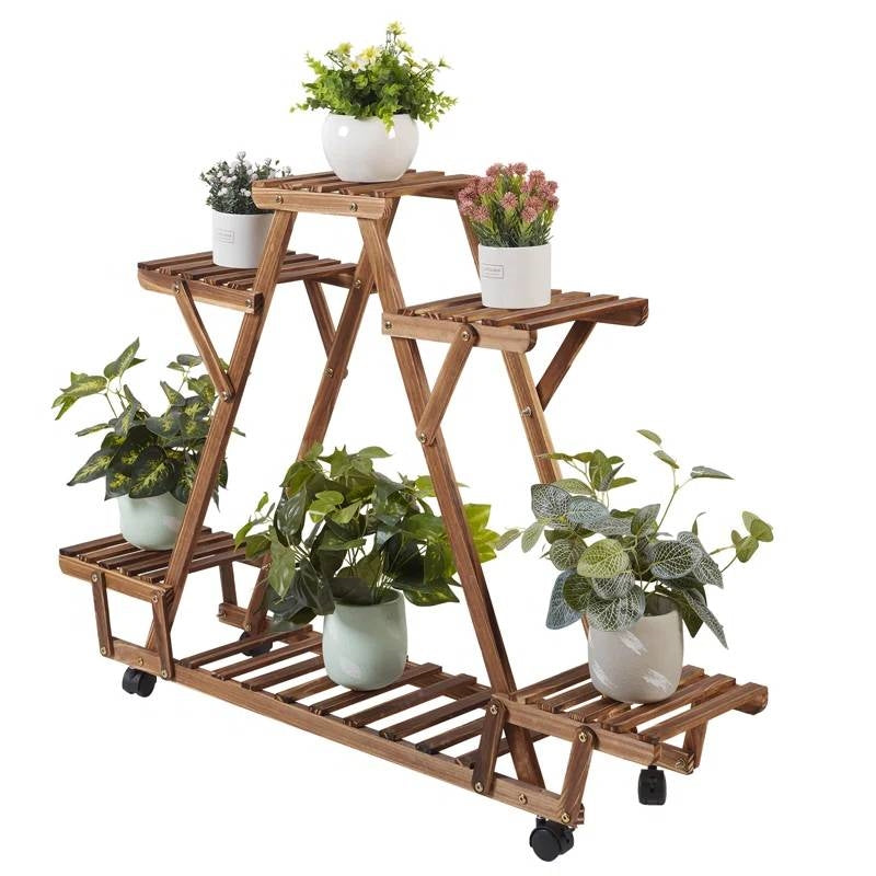 Indoor Outdoor Solid Wood Triangular Multi-Tier Plant Stand with Locking Wheels - - Accents > Plant Stands
