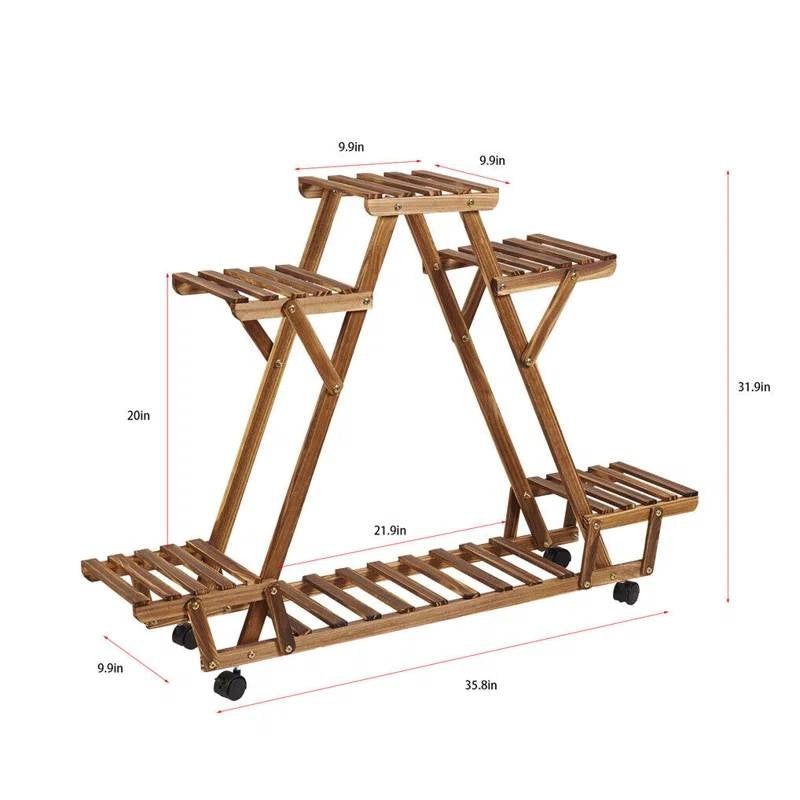 Indoor Outdoor Solid Wood Triangular Multi-Tier Plant Stand with Locking Wheels - - Accents > Plant Stands