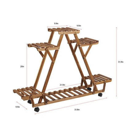 Indoor Outdoor Solid Wood Triangular Multi-Tier Plant Stand with Locking Wheels - - Accents > Plant Stands