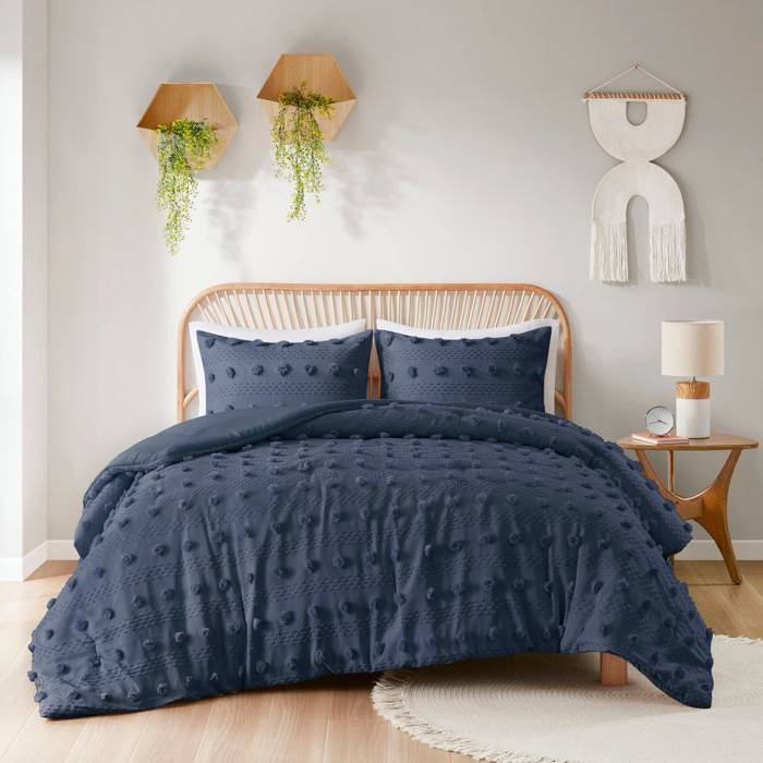 Full/Queen 3 Piece Navy Pompom Microfiber Hypoallergenic Comforter Set - - Bedroom > Comforters and Sets