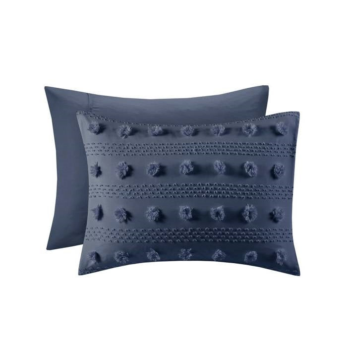 Full/Queen 3 Piece Navy Pompom Microfiber Hypoallergenic Comforter Set - - Bedroom > Comforters and Sets