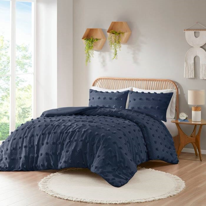 King/Cal King 3 Piece Navy Pompom Microfiber Hypoallergenic Comforter Set - - Bedroom > Comforters and Sets