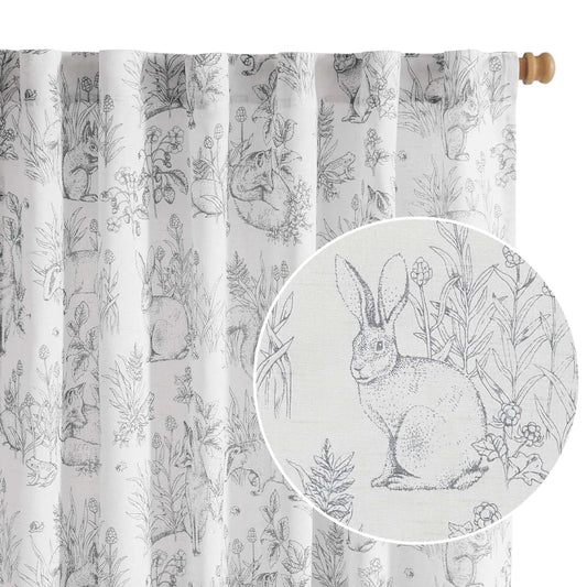 Grey Linen Curtains Farmhouse Curtain 84 Inches Long Toile Back Tab Rabbit Printed Light Filtering 2 Panels - Kia Day Design