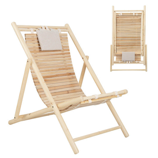 Solid Fir Wood Lounge Chair with 3-Level Adjustable Backrest and Soft Padded Headrest-Natural - - Home & Garden
