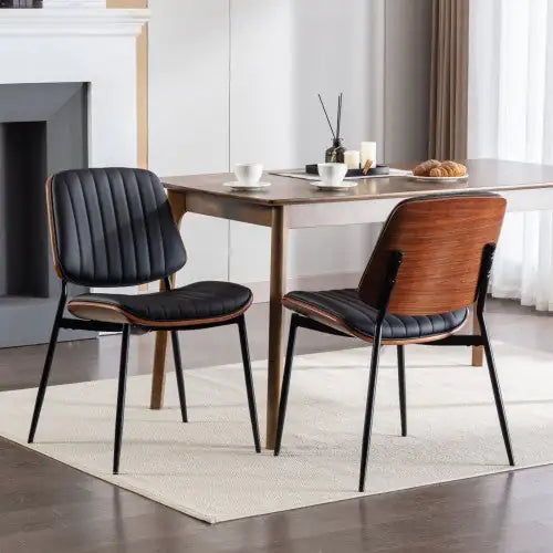 Dining Chairs Set Of 2 Mid Century Modern Retro Faux Leather Chair With Walnut Bentwood Back Upholstered Seat Metal Legs Adjustable Foot For Kitchen Dining Room Chairs Kia Day Design