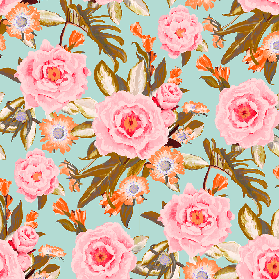 Posh Posy Wallpaper, light blue- Samantha Santana Creative- {{Product type}}
