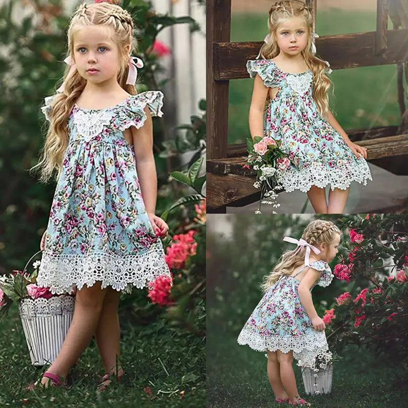 Girls Summer Off-Shoulder Floral Lace Dress - - dress