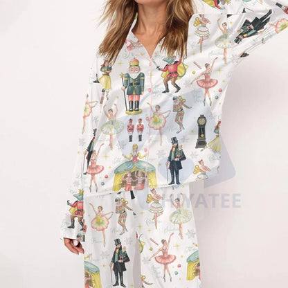 Nutcracker Ballet Christmas Satin Pajama Set For Women Print Comfy Satin Sleepwear & Loungewear Pjs Printing Silky Top & Bottoms - -
