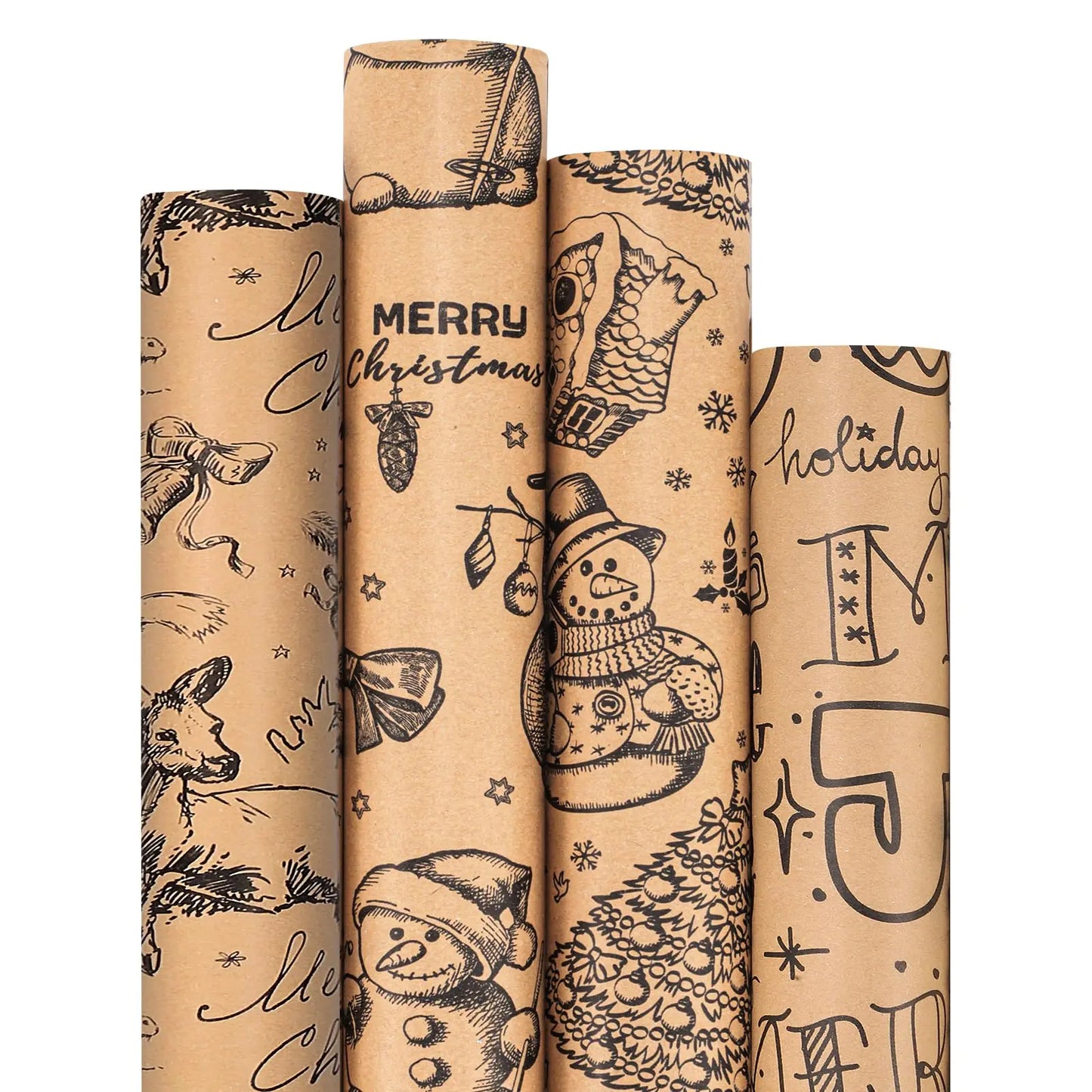 woric 4 Rolls Vintage Gift Wrapping Paper 30x120 inch(10ft) Brown Wrapping Paper Jumbo Rolls Valentines Wrapping Paper Large Roll With Black Pattern Kia Day Design