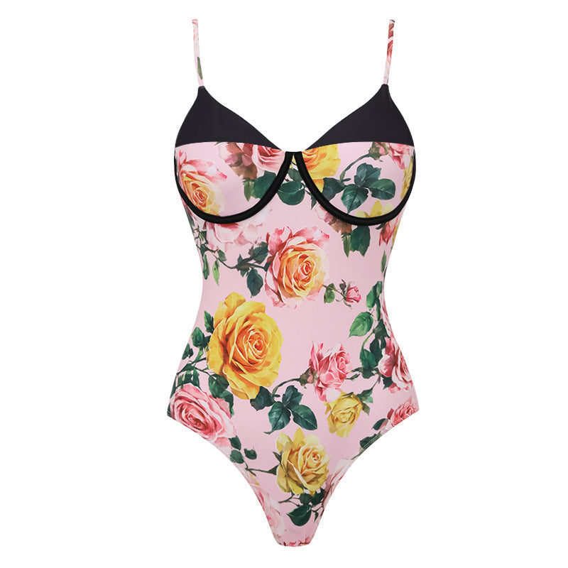 Swimsuit Pink Floral Sweet Seaside Vacation Swimsuit Set Women - Sling Hard Bag Swimsuit -
