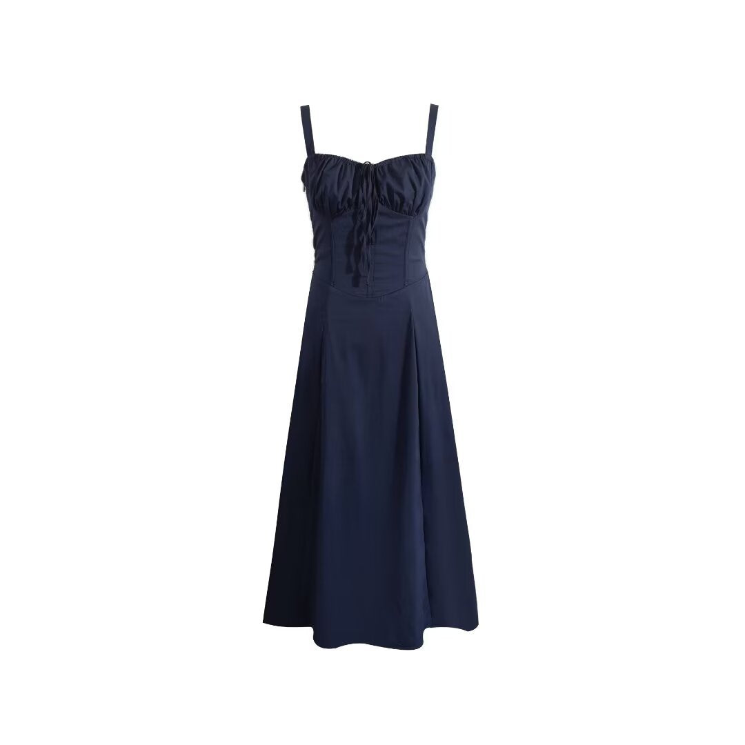 Women's Square Neck Corset Maxi Dress - Floral Printed High Waist A-Line Long Dress - navy blue -